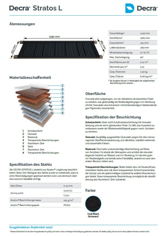 A technical data sheet for Decra Stratos L roofing with a diagram of the roof tile dimensions, a labeled cross-section of the material layers, technical specifications, properties and the available color (Coal Black).