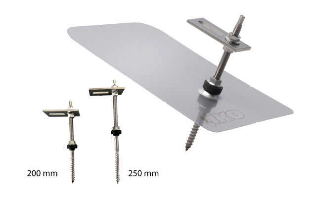 Three metal roof fasteners with screws and brackets, one of which is inserted into a rectangular flashing panel. The fasteners are labeled 200 mm and 250 mm to indicate their length.