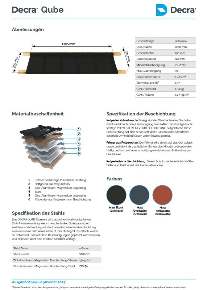 Product sheet for Decra Qube roofing, showing a black metal roof tile with dimensions, material composition, coating specifications, available colors (black, anthracite, terracotta) and technical details in German.