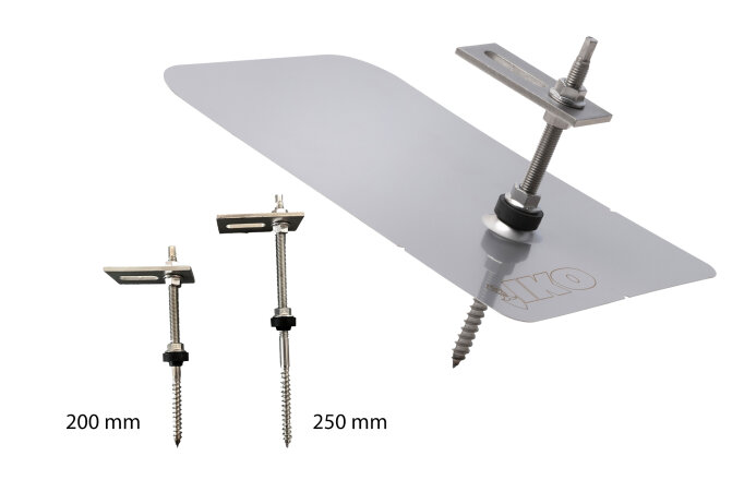 Drei Metalldachbefestigungen mit Schrauben und Halterungen, von denen eine in eine rechteckige Eindeckplatte eingesetzt ist. Die Befestigungselemente sind mit 200 mm und 250 mm beschriftet, um ihre Länge anzugeben.