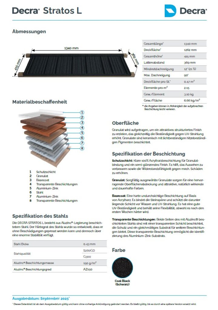 A technical data sheet for Decra Stratos L roofing with a diagram of the roof tile dimensions, a labeled cross-section of the material layers, technical specifications, properties and the available color (Coal Black).