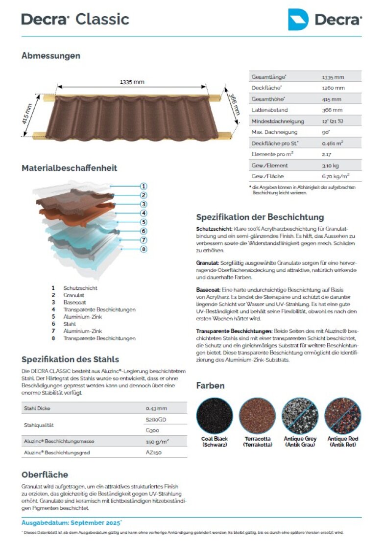 A product sheet for Decra Classic roofing with technical diagrams, material layers, specifications and color samples. The text is in German and includes dimensions, coating details and available colors.