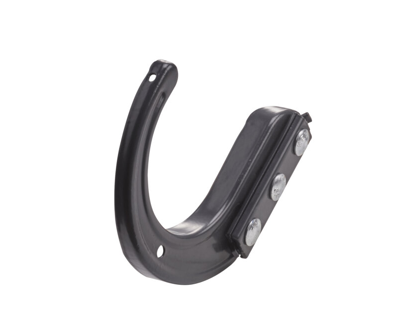 Black metal wall hook with a curved shape, two fixing holes and three silver screws on a white background.