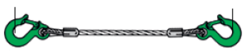 Eine Stahlseilschlinge mit Metallbeschlägen und grünen Haken an beiden Enden, horizontal dargestellt.