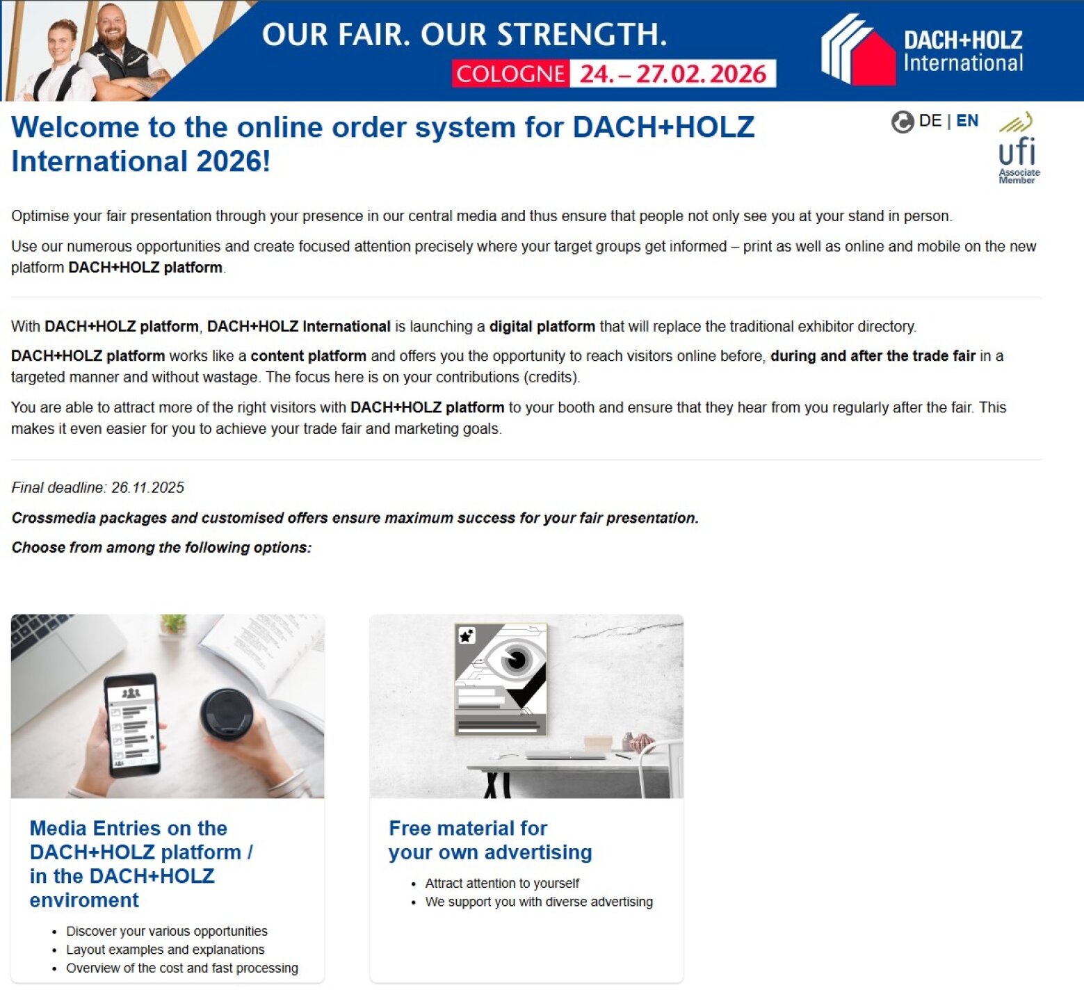 Screenshot of DACH+HOLZ International 2026 online order system webpage, with event dates, welcome text, and sections about media entries, free advertising materials, and digital platform information.