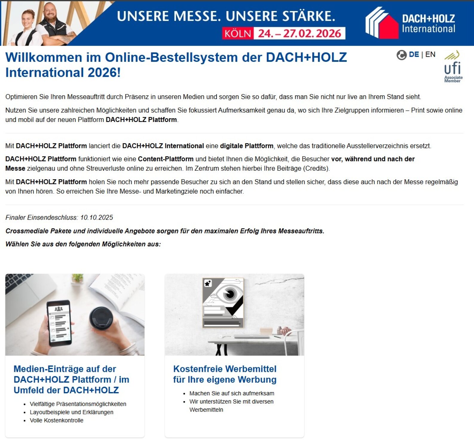 Screenshot der Seite des Online-Bestellsystems von DACH+HOLZ International 2026 mit Veranstaltungsdaten, Plattforminformationen und zwei hervorgehobenen Diensten für Medienplatzierung und Werbematerialien, mit Logos und Text in deutscher Sprache.
