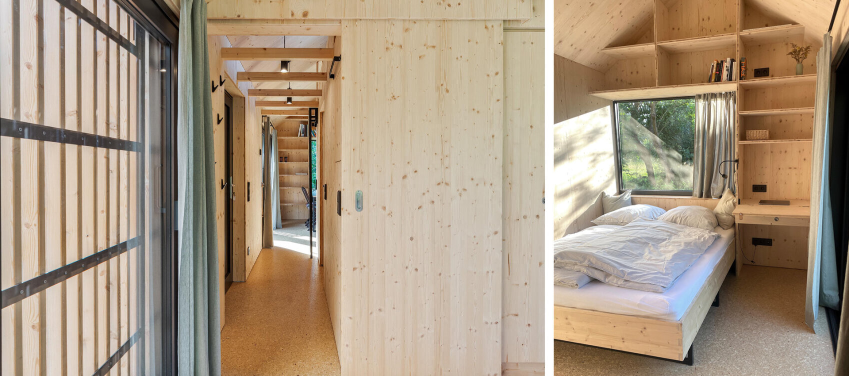 Zwei Bilder zeigen ein modernes, minimalistisches Tiny House-Interieur mit hellen Holzwänden. Das linke Bild zeigt einen Flur mit Schiebetüren; das rechte Bild zeigt ein gemütliches Schlafzimmer mit einem großen Fenster, Regalen und einem ungemachten Bett.